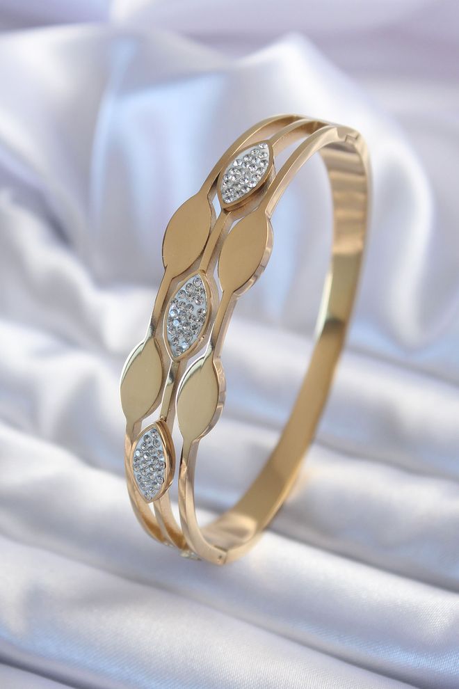 Ebijuteri Pulsera Mujer Acero 316L Color Oro Modelo Cebada Detalle Piedra Circón Ropa al por mayor 0