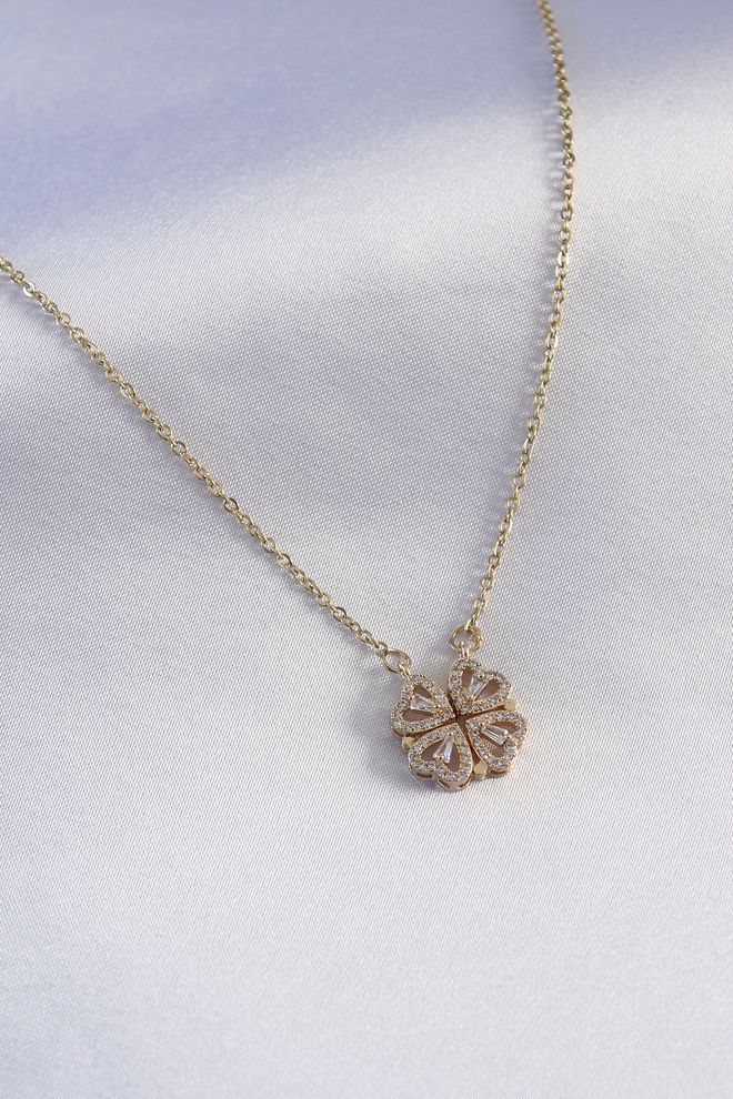 Ebijuteri 316L Steel Gold Color Openable Zircon Stone Clover Model Women's Necklace Wholesale Clothing 0