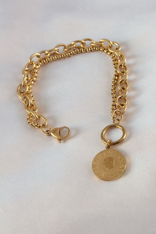 Ebijuteri 316L Steel Gold Color 2 Piece Chain Model Ataturk Engraved Medallion Figure Women's Bracelet Wholesale Clothing 0