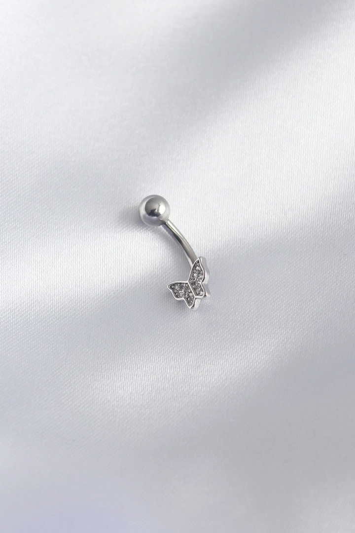 A wholesale clothing model wears ebj16299-316l-surgical-steel-silver-color-zircon-stone-butterfly-model-female-belly-piercing, Turkish wholesale Piercing of Ebijuteri