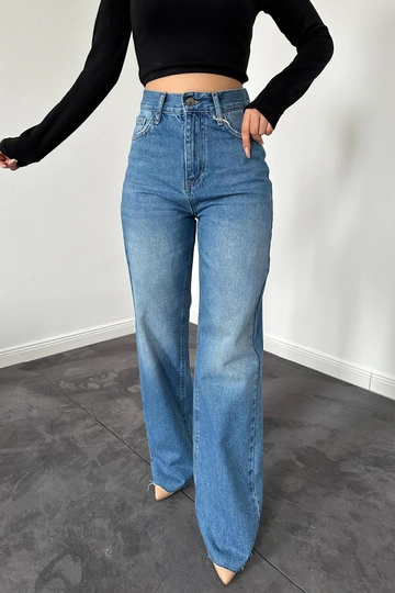 A wholesale clothing model wears  High Waist And Wide Leg Jeans - Blue
, Turkish wholesale Jeans of Elisa