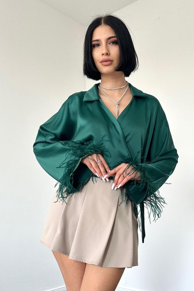 Elisa Satin Crop Με Φτερά Μανίκια Emerald Χονδρικό εμπόριο ενδυμάτων Επίσημο