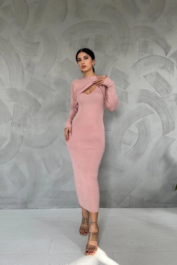 Bir model, Elisa toptan giyim markasının  Triko Bluz Ve Elbise Takım - Pudra
 toptan Takım ürününü sergiliyor.
