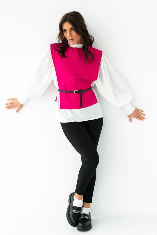 Elisa Kemerli Gömlek Ve Panço Takım Fuşya Toptan Giyim Polyester