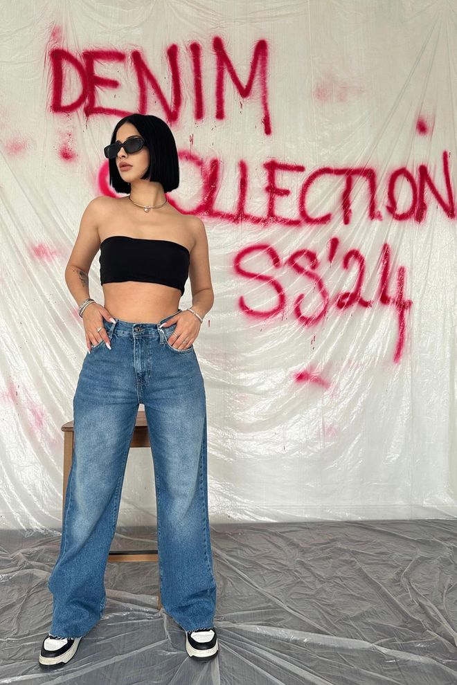 Elisa Jeans a vita alta e gamba larga Blu Abbigliamento all'ingrosso Casuale