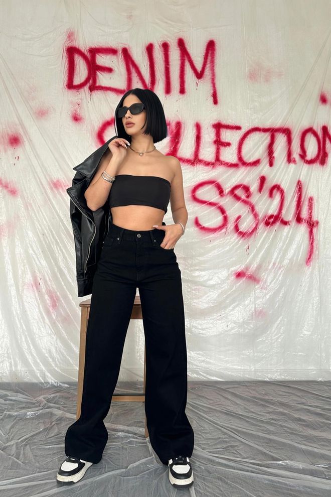 Elisa Jeans a vita alta e gamba larga Nero Abbigliamento all'ingrosso Casuale