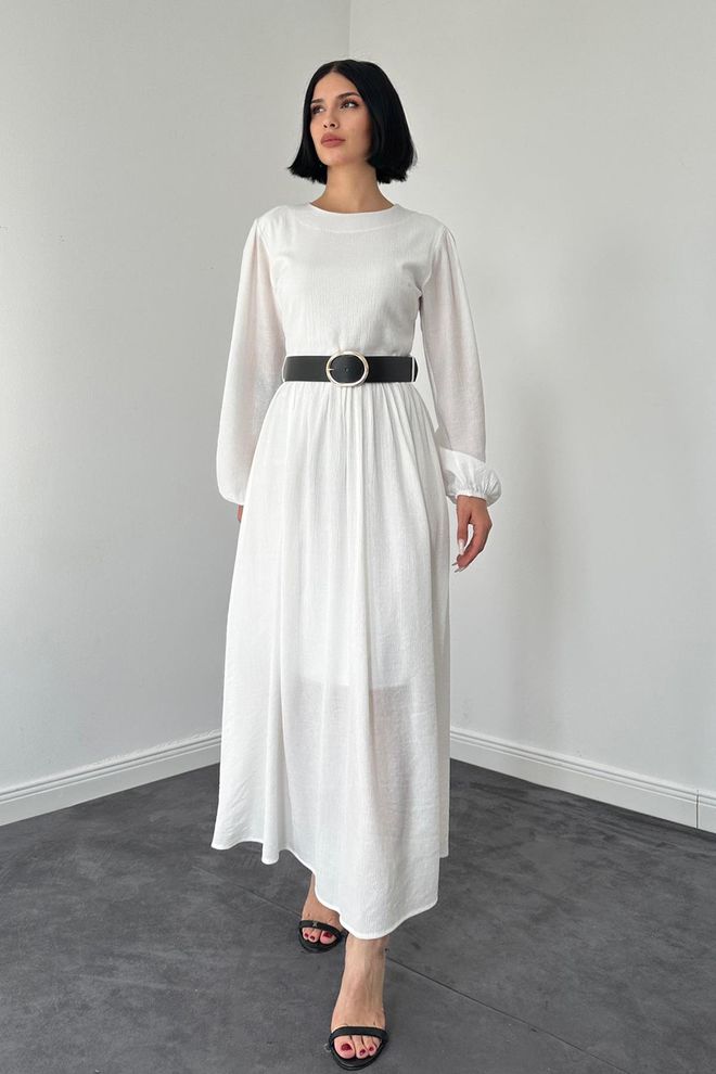 L&C White Elegant A Line Dress With Ballon Sleeves Wholesale Clothing Modest