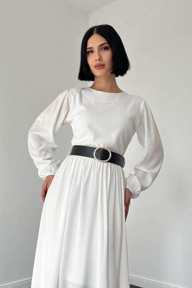 L&C فستان أبيض أنيق بقصة ألف وكم البالون ملابس بالجملة لا يوجد قماش