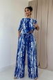 A wholesale clothing model wears els12196-patterned-blouse-and-trousers-set-blue, Turkish wholesale  of 