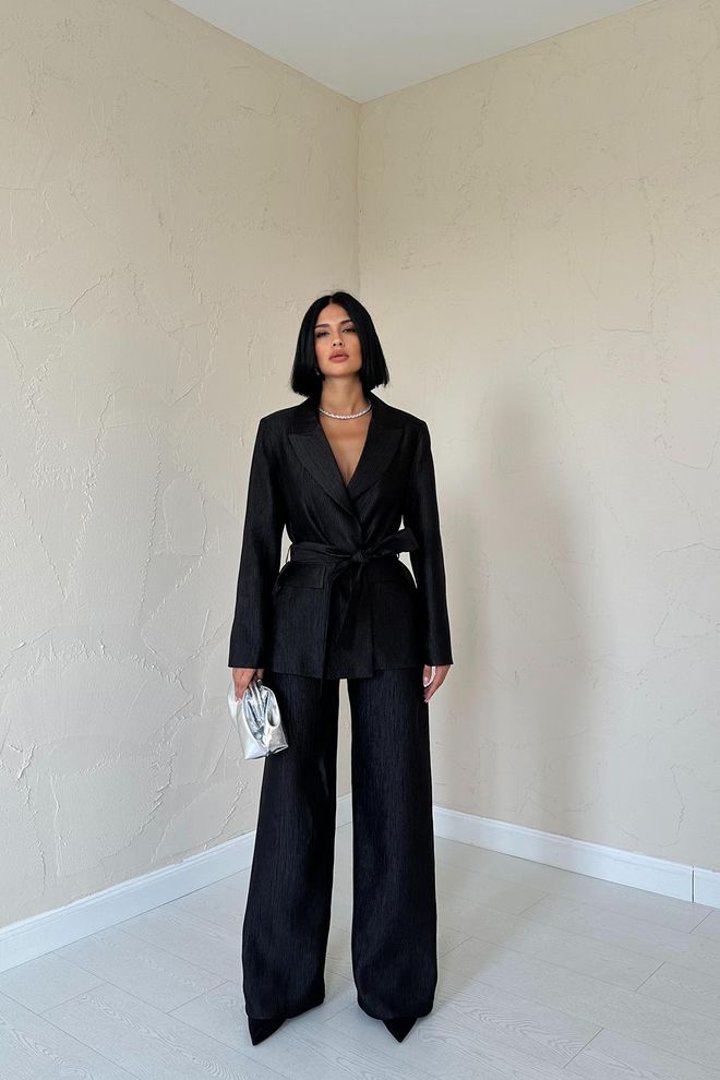 Elisa Abito Lucido Con Giacca E Pantaloni Con Cintura Nero Abbigliamento all'ingrosso Elegante