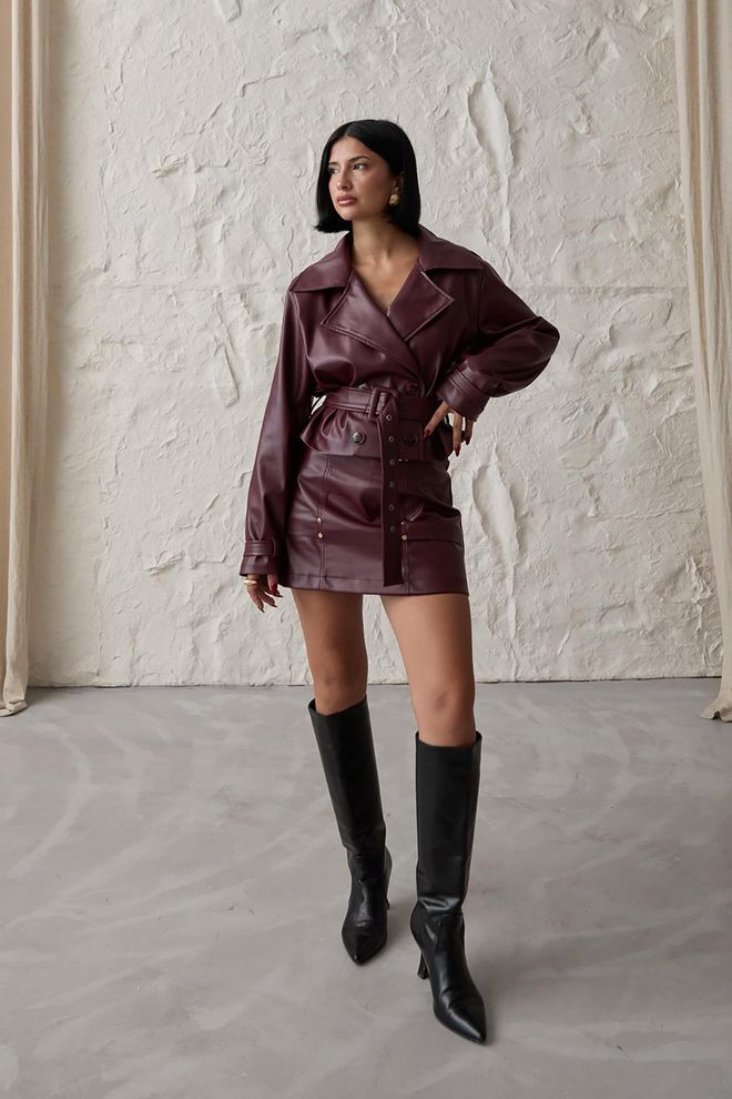 Elisa Minigonna In Pelle Con Cintura Rosso Bordeaux Abbigliamento all'ingrosso Sexy