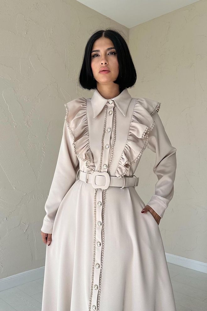 L&C Beige Elegant Formal Vintage Shirt Dress Wholesale Clothing No Fabric