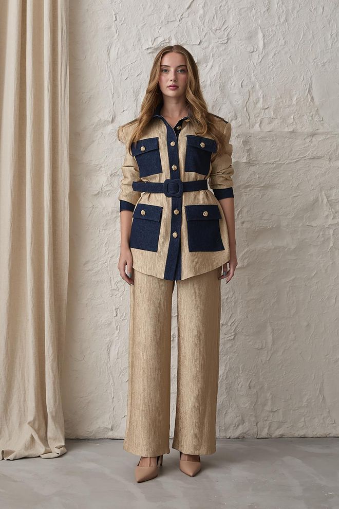 Elisa Garnished Pocket Shirt And Trouser Set Yellow Wholesale Clothing Casual