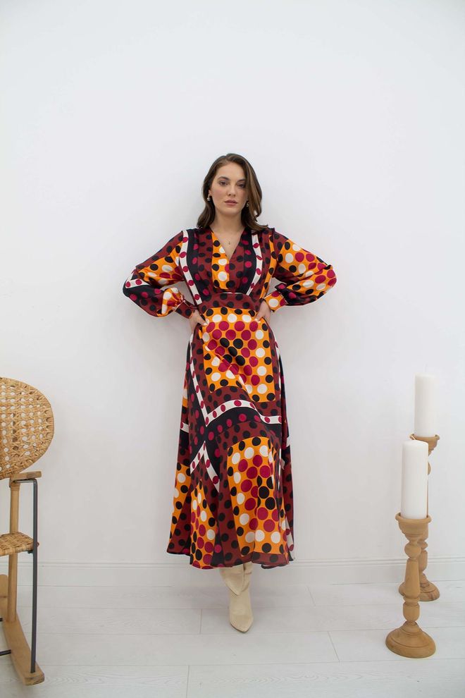 L&C Элегантное Оранжевое Платье С Запахом В Горошек Длиной Миди Оптовая продажа одежды Этнический