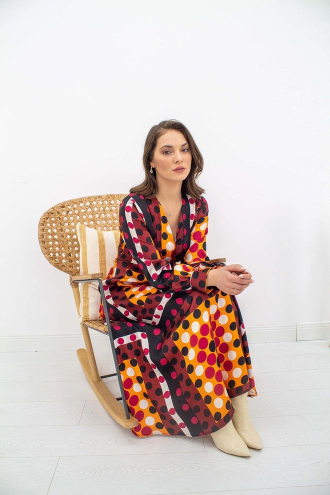 L&C Elegant Orange Wrap Dress With Polka Dot Midi Length Wholesale Clothing No Fabric