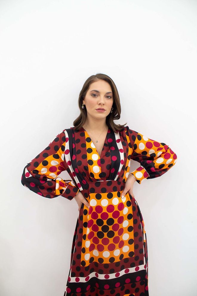 L&C Elegant Orange Wrap Dress With Polka Dot Midi Length Wholesale Clothing Birthday