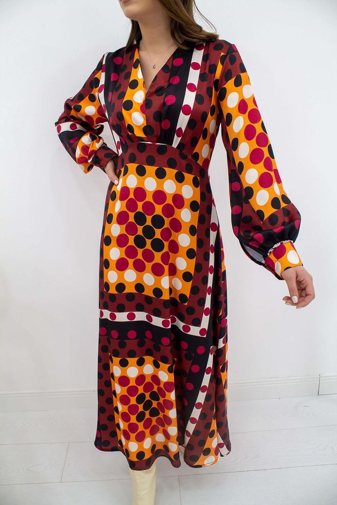 L&C Elegant Orange Wrap Dress With Polka Dot Midi Length Wholesale Clothing Fall