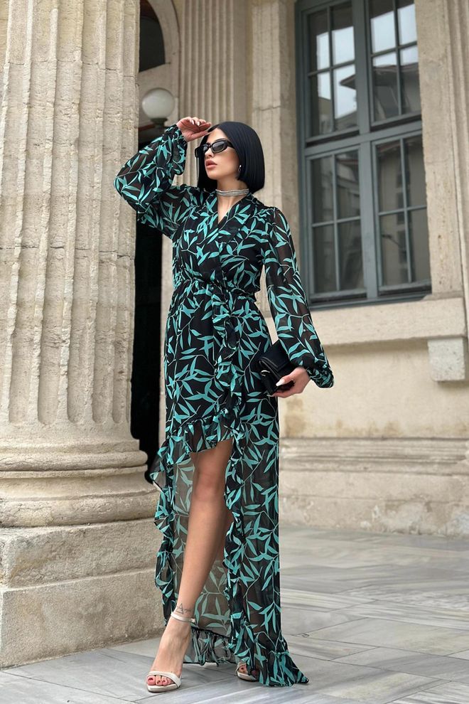 L&C فستان أسود أنيق بنمط أزهار وستايل لف ماكسي ملابس بالجملة البوليستر