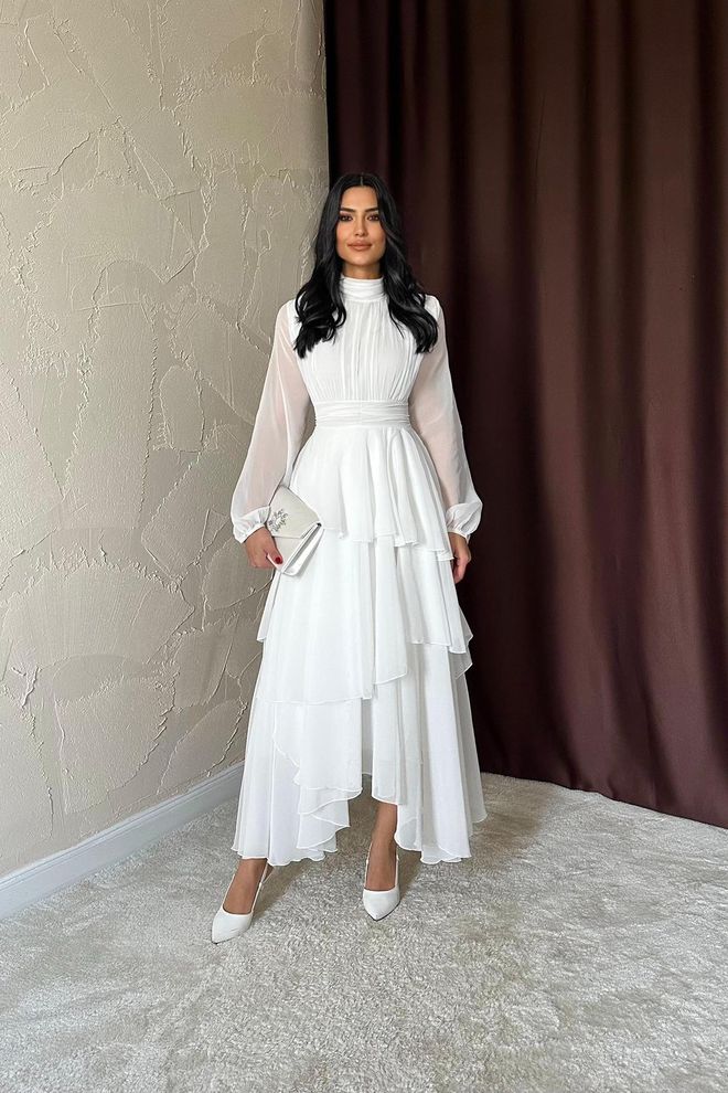 Elisa Obleka S Podrobnim Pasom Bela Oblačila na debelo Eleganten