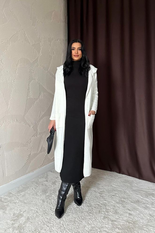 L&C White Cardigan With Hooded Neck And Patch Pocket Wholesale Clothing Acrylic