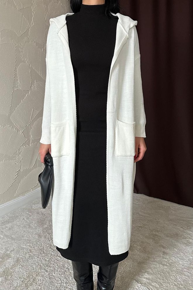 L&C White Cardigan With Hooded Neck And Patch Pocket Wholesale Clothing Birthday