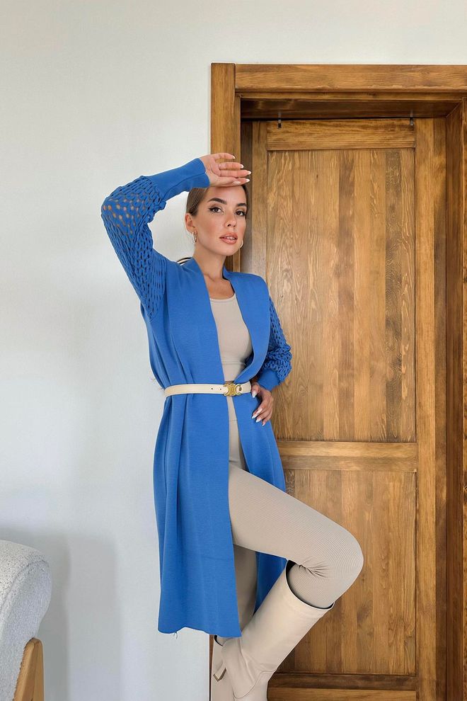 L&C Elegancki Niebieski Kardigan Z Szalowym Kołnierzem Hurtowa sprzedaż odzieży Urodziny