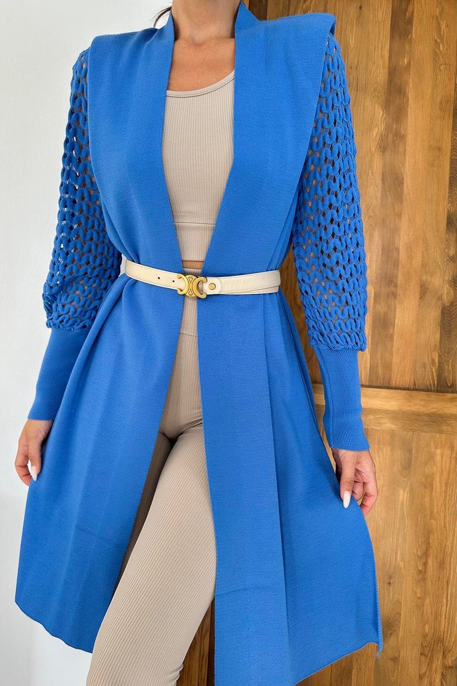 L&C Elegancki Niebieski Kardigan Z Szalowym Kołnierzem Hurtowa sprzedaż odzieży Jesień