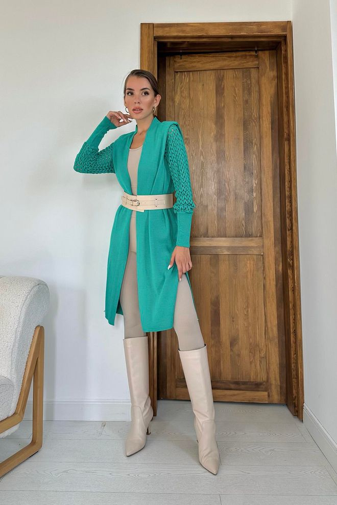 L&C Зеленый Элегантный Длинный Кардиган С Шалевым Воротником Оптовая продажа одежды Полиэстер