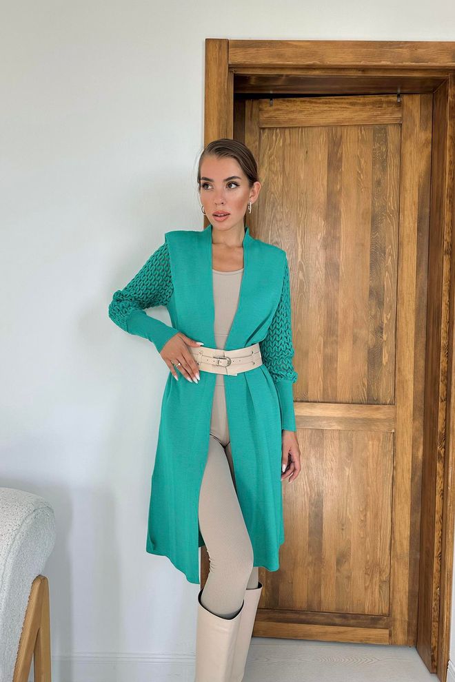 L&C Зеленый Элегантный Длинный Кардиган С Шалевым Воротником Оптовая продажа одежды Падают осенью