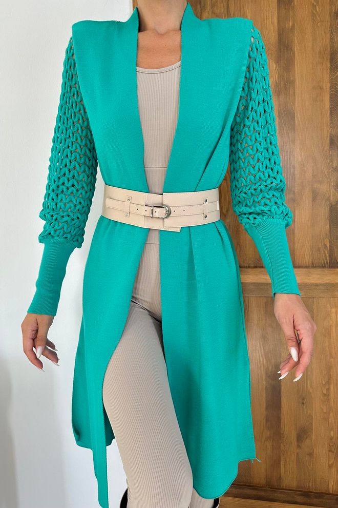 L&C Зеленый Элегантный Длинный Кардиган С Шалевым Воротником Оптовая продажа одежды Винтаж