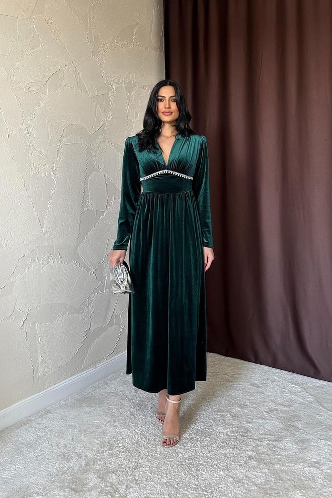 L&C Groene Elegante Fit And Flare Jurk Met Diepe Halslijn Groothandel Kleding Formeel