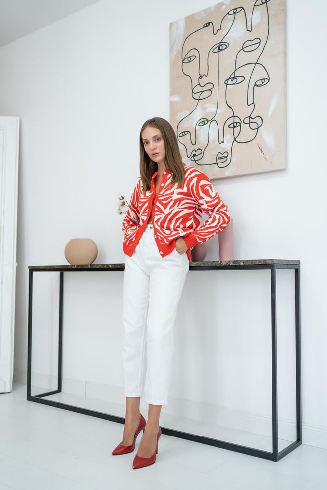 Elisa Cardigan corto con fantasia e bottoni Arancione Abbigliamento all'ingrosso Casuale