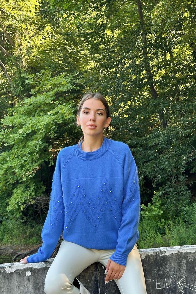 Elisa Strickpullover Mit Zickzack Perlen – Blau Großhandelskleidung Lässig