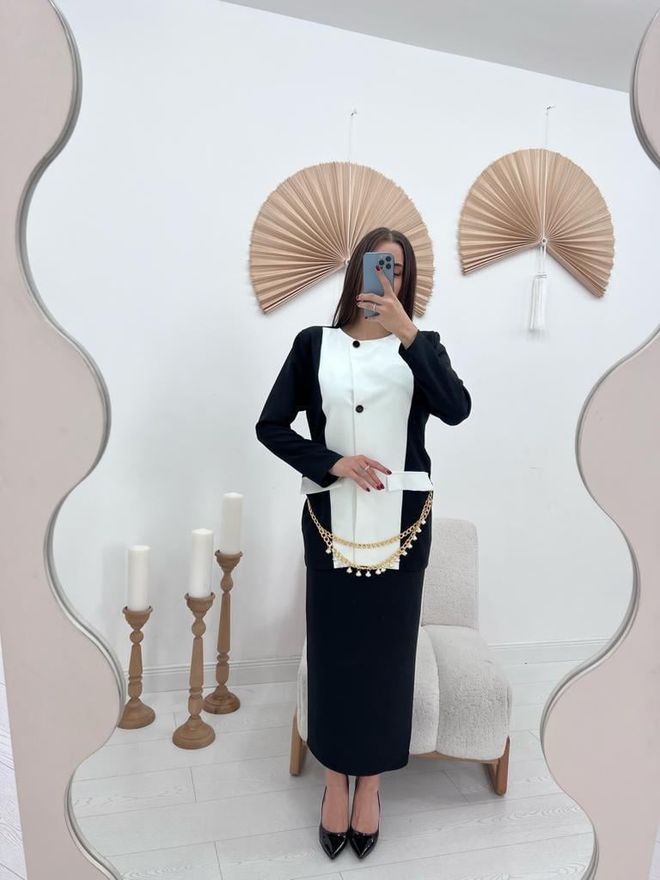 Elisa Set giacca e gonna guarnita in tessuto Atlas Nero Abbigliamento all'ingrosso Formale