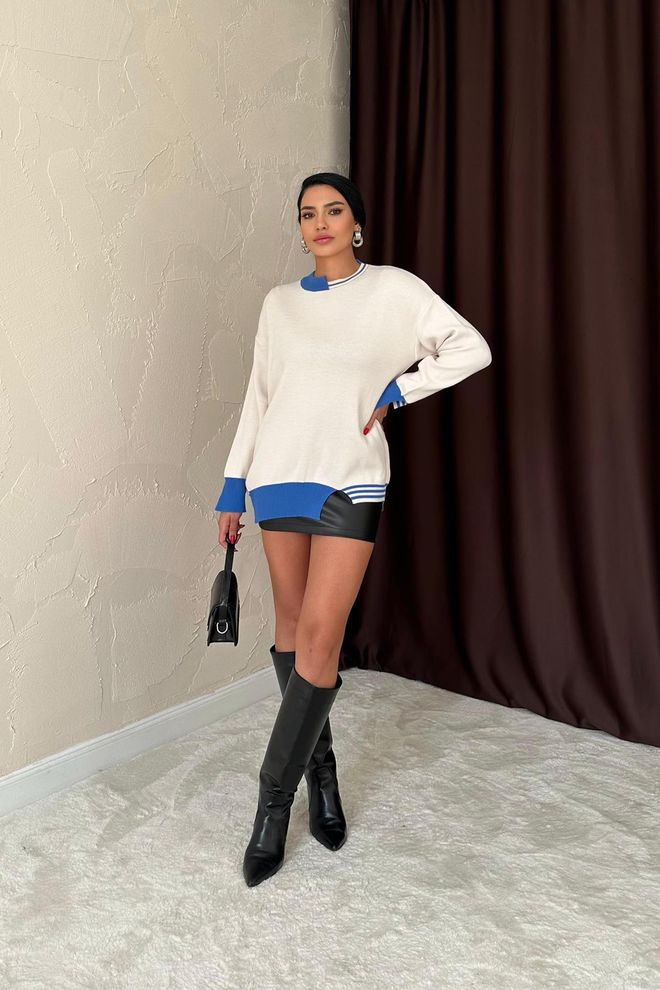 Elisa Pull Tricoté Avec Garniture De Col Et De Poignets Bleu Vêtements en gros Décontracté