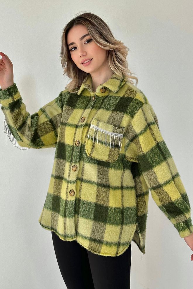 L&C Groen Oversized Geruit Shirt Met Polokraag Groothandel Kleding Casual