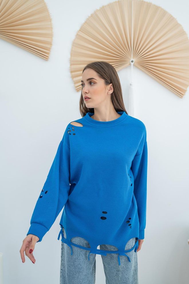 Elisa Лазерно Изрязана Блуза Синя Дрехи на едро Небрежен