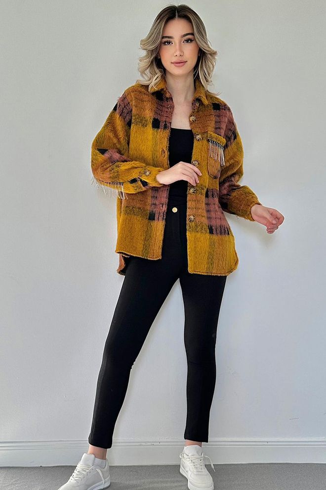 L&C قميص كاجوال أصفر مربّع مقاس كبير ملابس بالجملة البوليستر