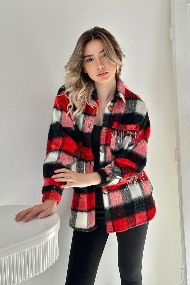 Elisa Camicia Boucle Pocket Chain Stone Rossa Abbigliamento all'ingrosso Casuale