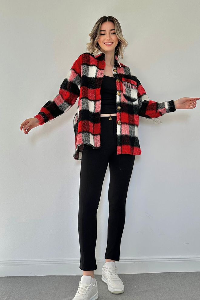 L&C قميص أحمر بنقشة مربعة كاجوال بمقاس كبير ملابس بالجملة البوليستر