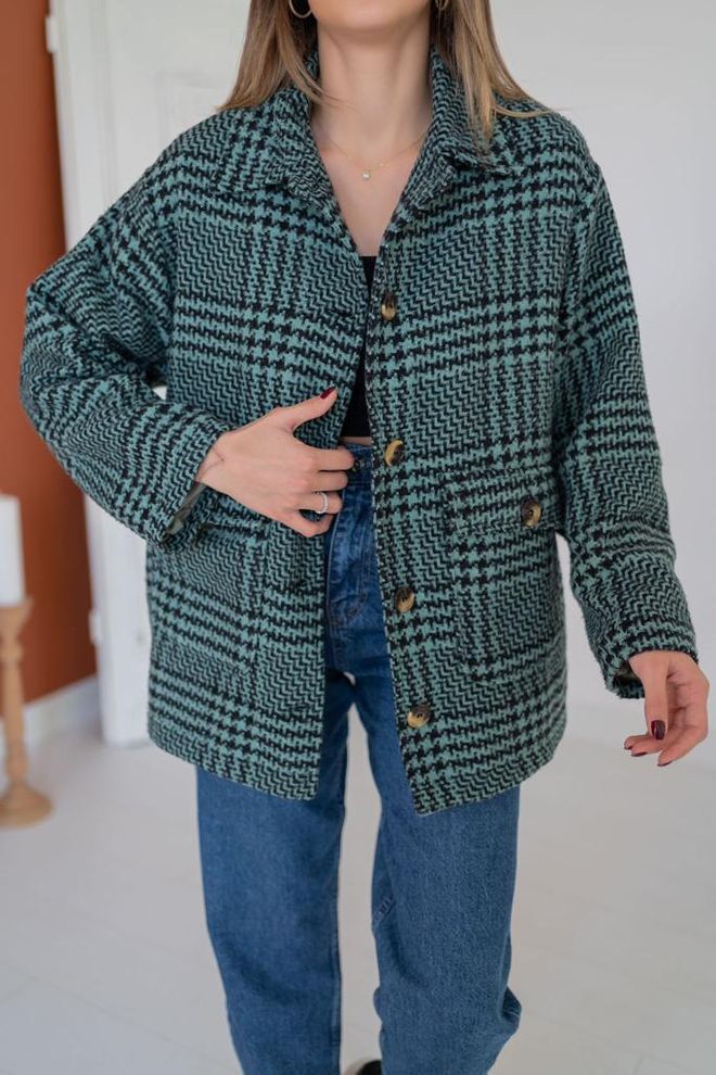 L&C Green Checkered Shacket Coat With Notched Collar Wholesale Clothing Lounge