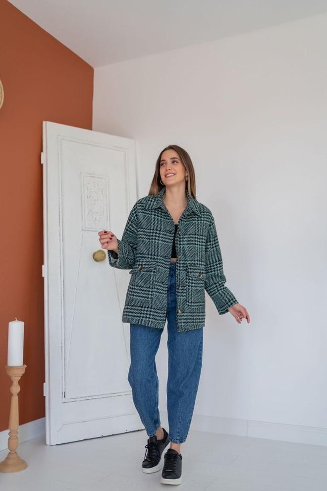 L&C Green Checkered Shacket Coat With Notched Collar Wholesale Clothing Cotton