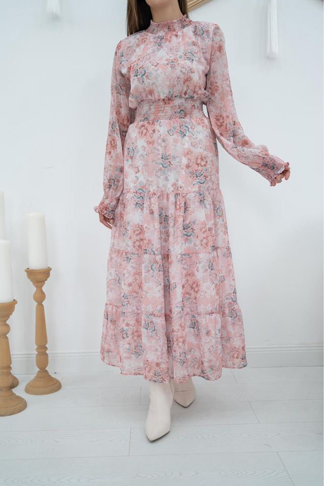 L&C Vestido Rosa Fit And Flare Floral Com Decote Alto Roupas por atacado Trabalho