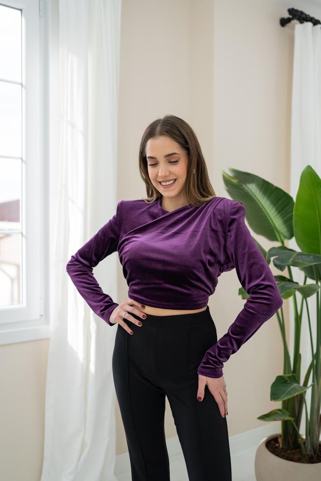 Elisa Kadife Bluz Mor Toptan Giyim Gündelik