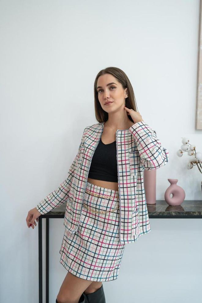 L&C جلس أبيض منقوش بنمط A مع تنورة ميني ملابس بالجملة لا يوجد قماش