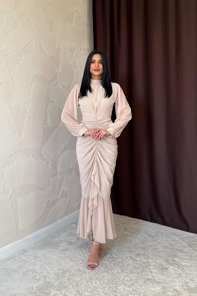 Elisa Abito in chiffon con arricciatura sul davanti Beige Abbigliamento all'ingrosso Elegante