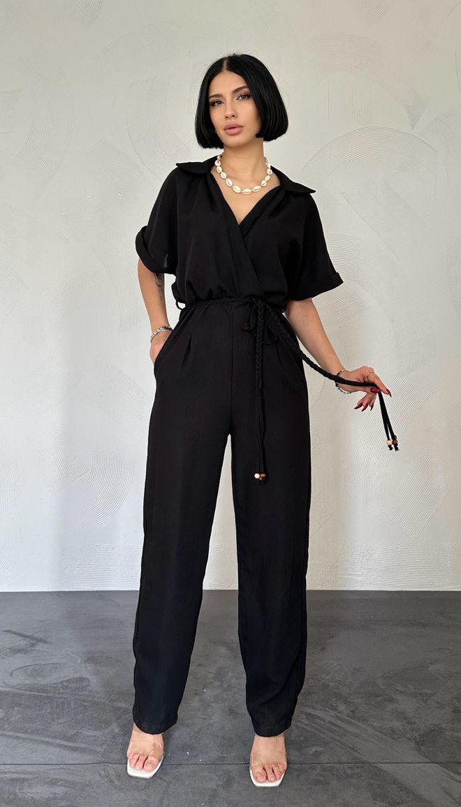 Elisa Jumpsuit met dubbele rij knopen Zwart Groothandel Kleding Casual