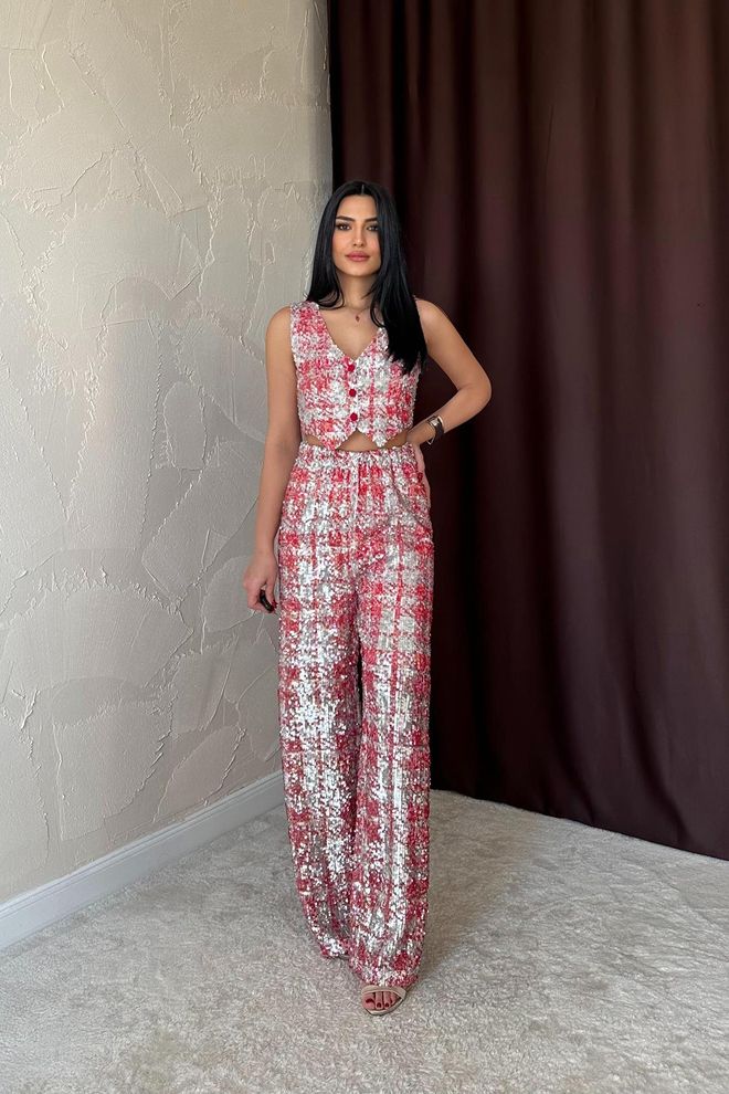 Elisa Pullu Yelek Ve Pantolon Takım Kırmızı Toptan Giyim Resmi