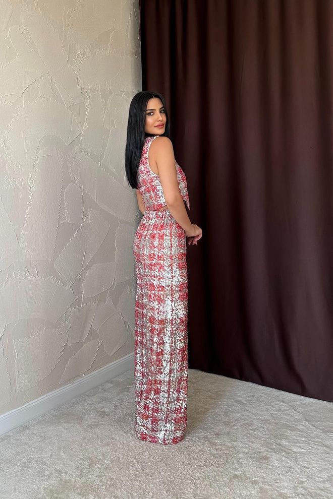 L&C Црвени Глам Комплет Са В изрезом И Палазо Панталонама Велепродаја одеће Елегантан