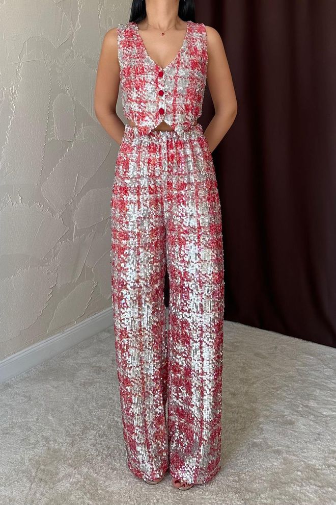 L&C Црвени Глам Комплет Са В изрезом И Палазо Панталонама Велепродаја одеће Рођендан